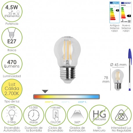 Bombilla Led Filamento Esfera Rosca E27. 4,5 Watt. Equivale A 35 Watt. 470 Lumenes. Luz Calida 2700º K.